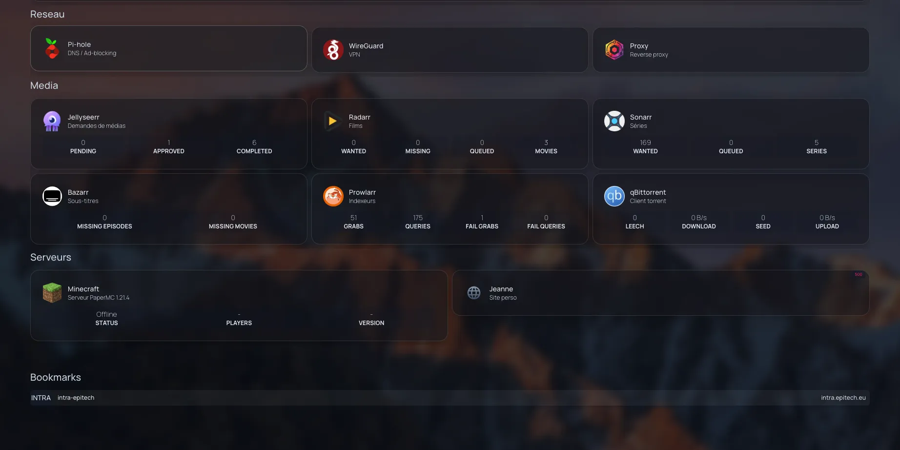 Dashboard Homepage des services du homelab