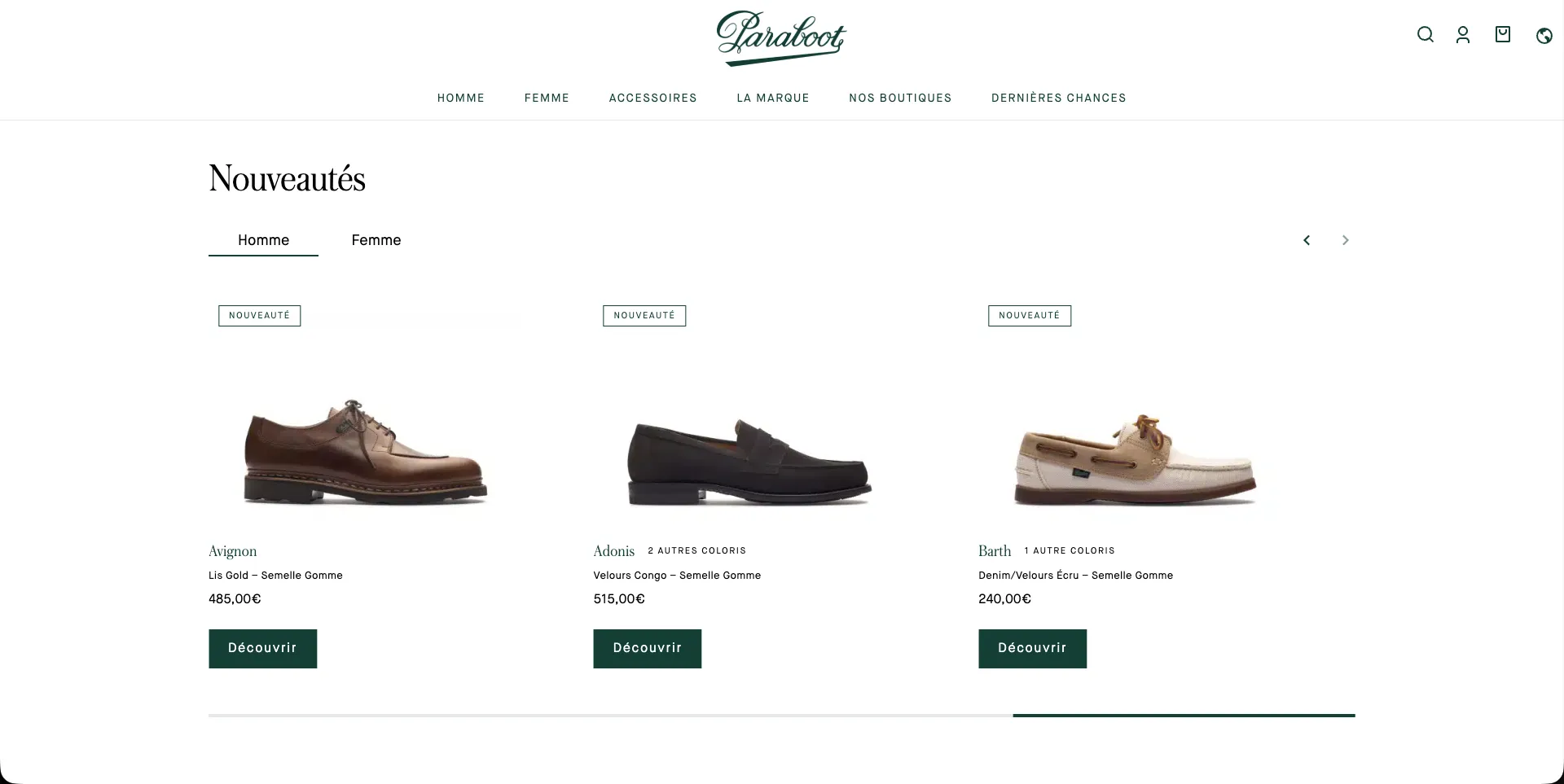 Page d'accueil du site Paraboot, version ordinateur